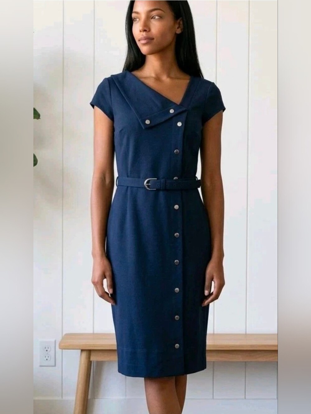Vintage 90s Caché Navy Short-Sleeve Belted Button-Front Midi Dress